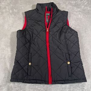 Lauren Ralph Lauren Womens Black Quilted Vest Red Trim Gold Buttons Puffer PS
